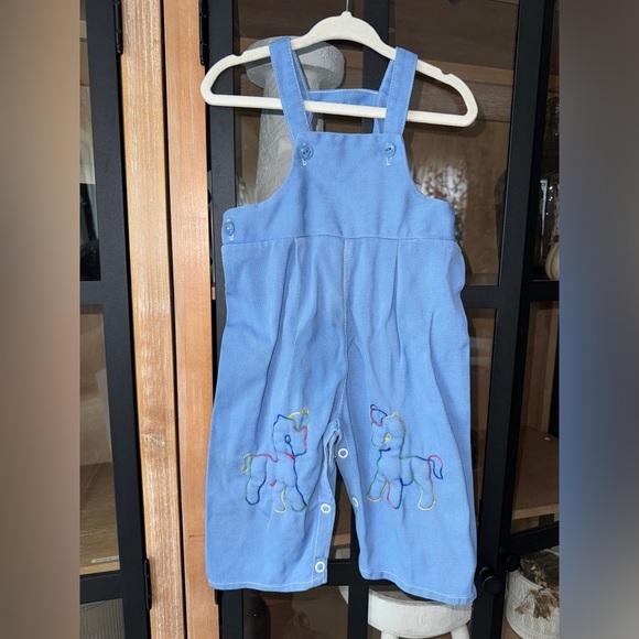 1980s Vintage Corduroy Baby Romper Rainbow Unicorns toddler overalls embroidered - Picture 1 of 6